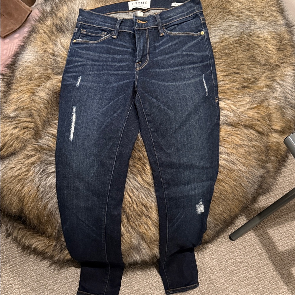 Frame Denim Dark Indigo Distressed Skinny Jeans